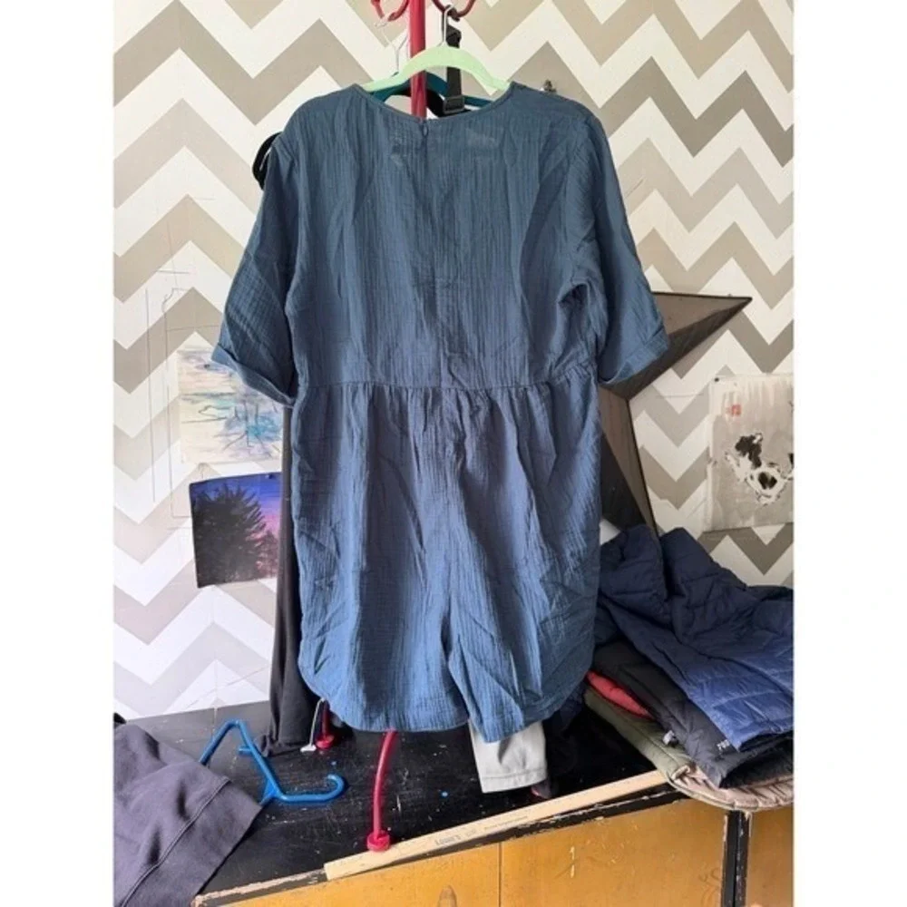 Cupshe Cotton Gauze V-Neck Babydoll Romper Blue XL‎
